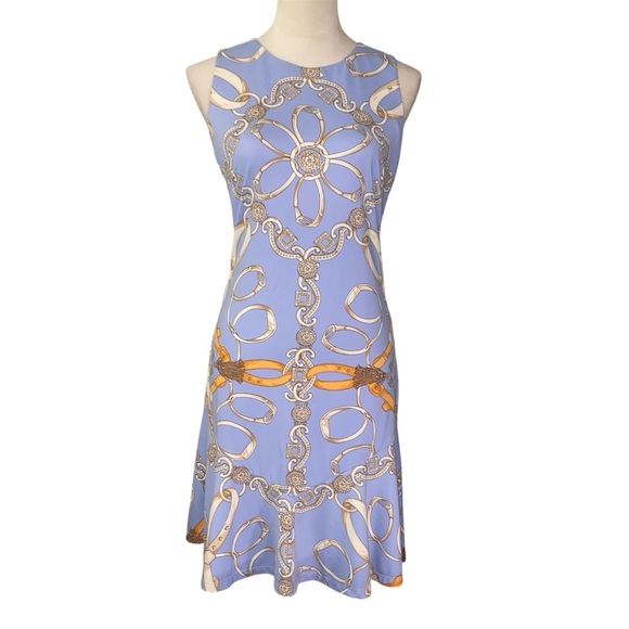 J. McLaughlin Carmen Flounce Dress Catalina Cloth XS Blue Bit & Bridle Stirrup - Picture 1 of 12